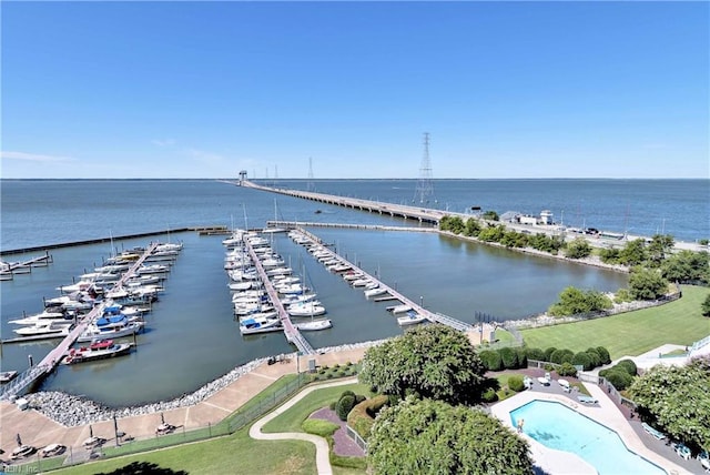 drone / aerial view featuring a water view