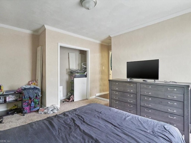 bedroom with ornamental molding and light colored carpet