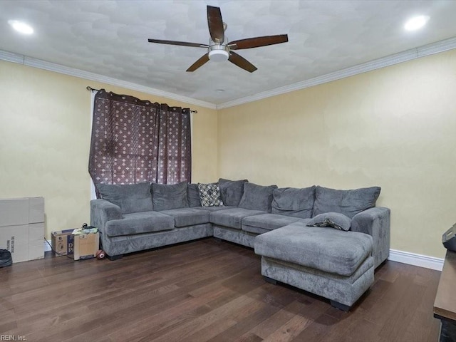 living room featuring ceiling fan, ornamental molding, and dark hardwood / wood-style floors