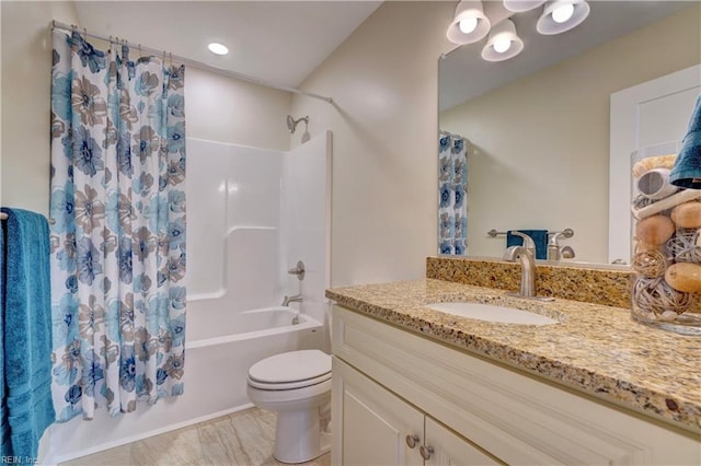 full bathroom with shower / bath combination with curtain, toilet, and vanity