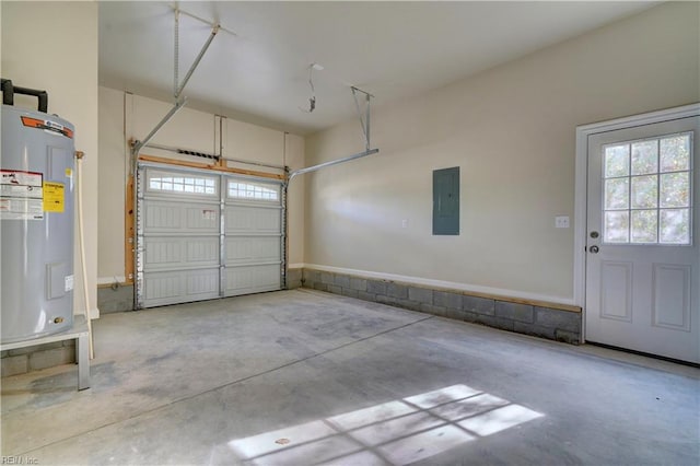 garage with electric panel and water heater