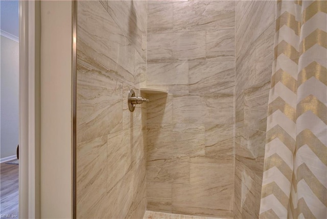 details with tiled shower and hardwood / wood-style flooring