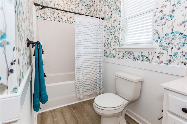 full bathroom with toilet, vanity, wood-type flooring, and shower / bathtub combination with curtain