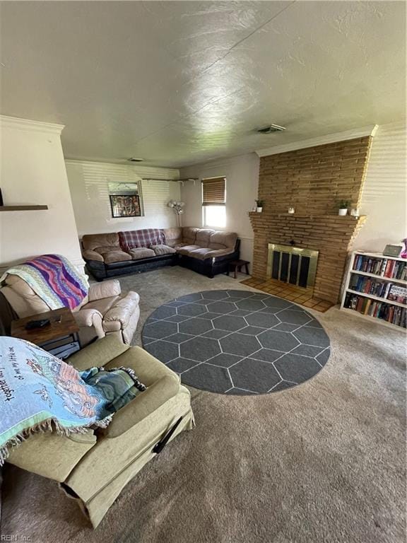 carpeted living room featuring a brick fireplace