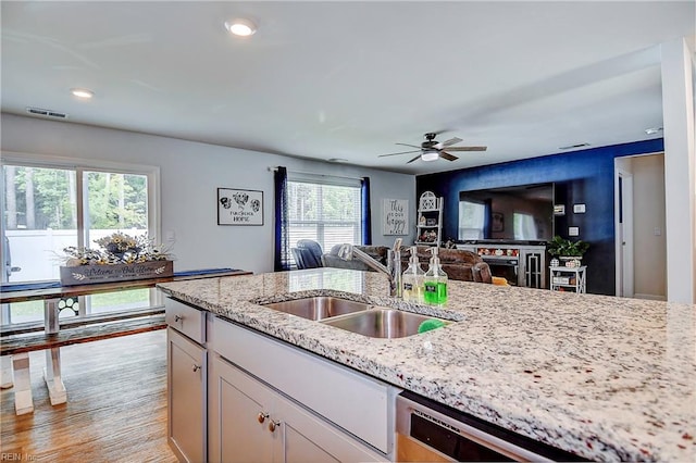 kitchen with a wealth of natural light, ceiling fan, light wood-type flooring, and sink