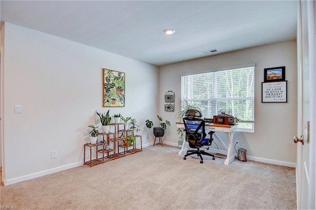 carpeted home office with visible vents and baseboards