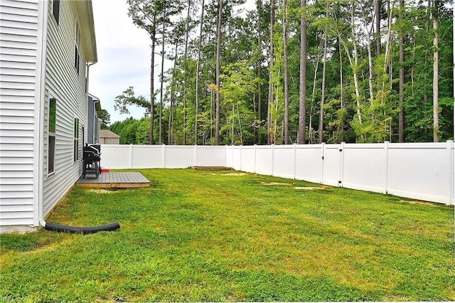 view of yard with a fenced backyard and a deck