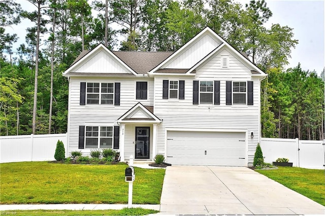 view of front facade featuring an attached garage, board and batten siding, a front yard, fence, and driveway