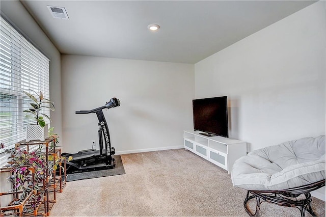 workout room with carpet, visible vents, and baseboards