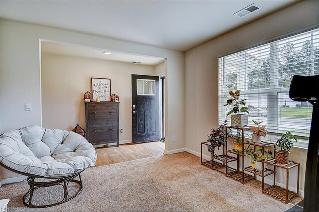 living area featuring carpet floors, baseboards, and visible vents