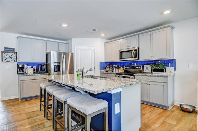 kitchen featuring decorative backsplash, light hardwood / wood-style flooring, a breakfast bar, appliances with stainless steel finishes, and sink