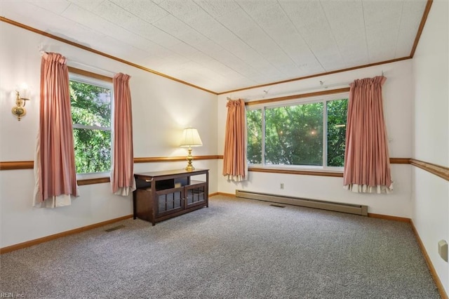 carpeted bedroom featuring a baseboard heating unit, crown molding, and multiple windows