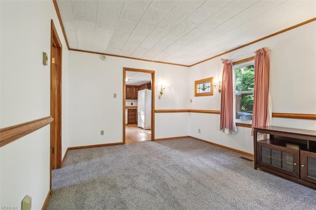 spare room featuring light colored carpet and ornamental molding