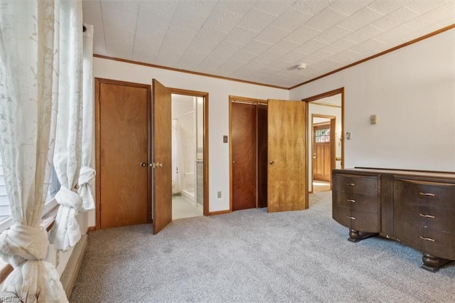 carpeted bedroom with crown molding and ensuite bathroom