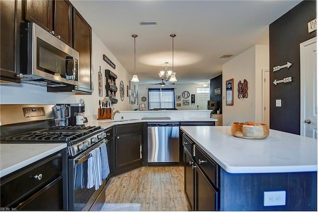 kitchen with stainless steel appliances, a peninsula, visible vents, open floor plan, and light countertops