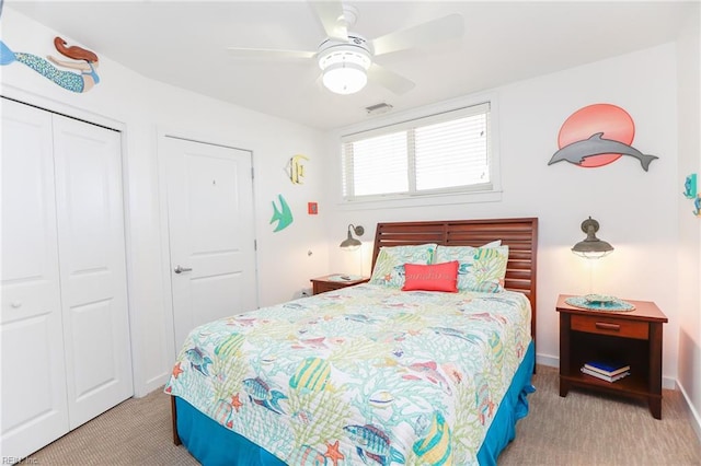 carpeted bedroom featuring ceiling fan