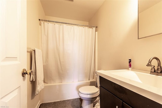 full bathroom with vanity, toilet, and shower / bath combination with curtain