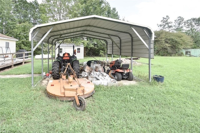 view of parking with a lawn and a carport