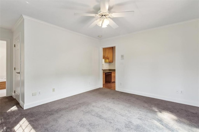 interior space featuring ensuite bath, carpet flooring, baseboards, and ornamental molding