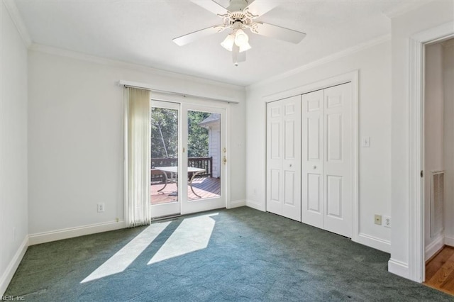 unfurnished bedroom with access to exterior, baseboards, carpet, and ornamental molding