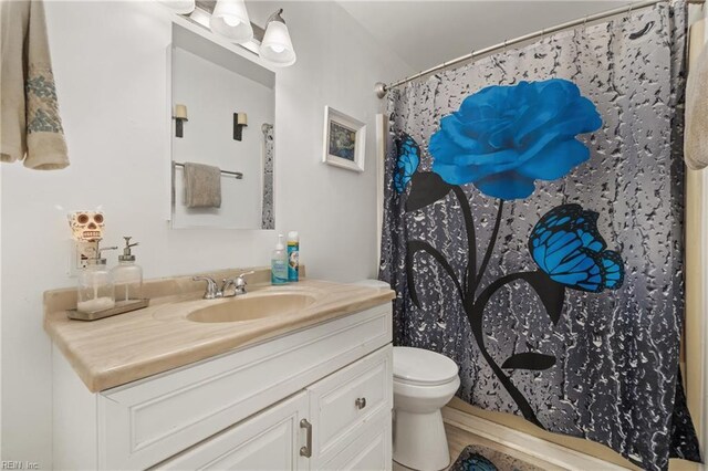 bathroom featuring vanity, toilet, and a shower with shower curtain