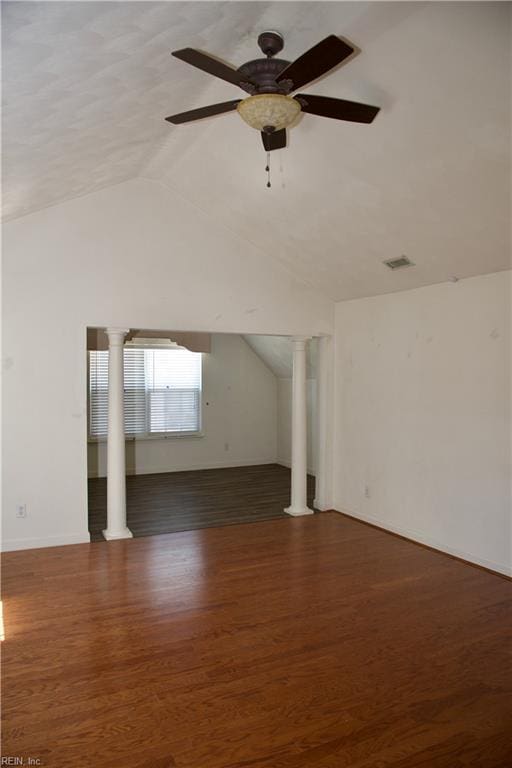 6703 Chambers Ln, Suffolk, VA 23435 - interior space with a ceiling fan, visible vents, vaulted ceiling, wood finished floors, and ornate columns