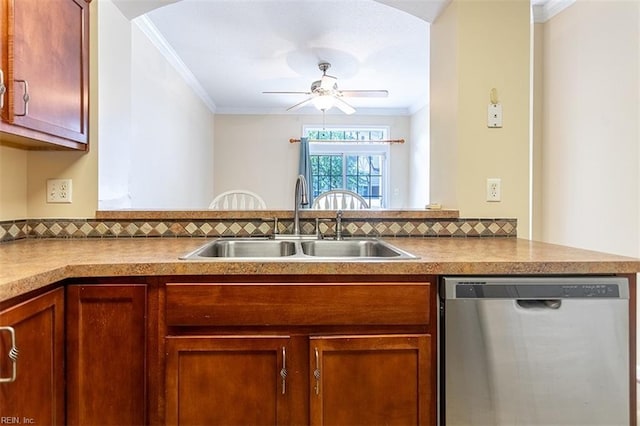 kitchen featuring dishwasher, ornamental molding, backsplash, and a sink