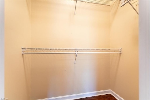 walk in closet with dark wood-style floors