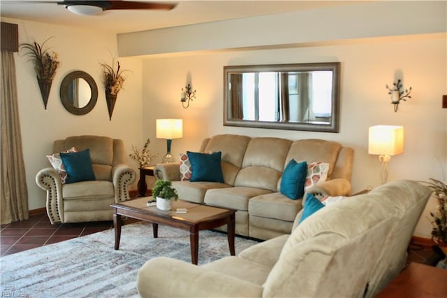 living room with dark tile patterned floors