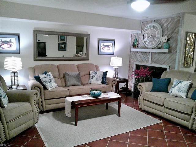 tiled living room with a fireplace