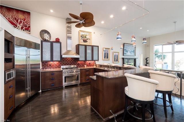 kitchen with high end appliances, ceiling fan, dark hardwood / wood-style floors, and tasteful backsplash