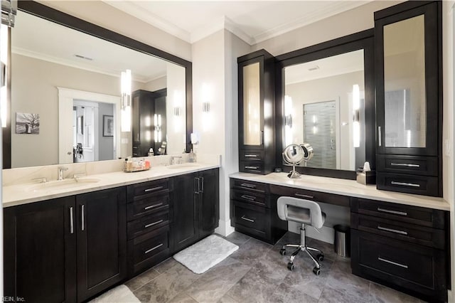 bathroom featuring vanity, ornamental molding, and walk in shower