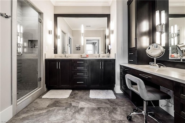 bathroom featuring walk in shower, crown molding, and vanity