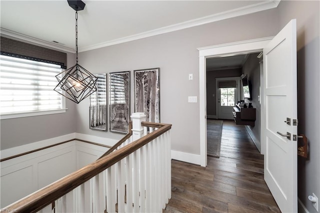 hall featuring dark hardwood / wood-style floors, a chandelier, and crown molding