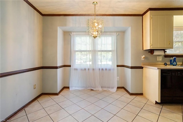 kitchen with an inviting chandelier, a healthy amount of sunlight, decorative light fixtures, and black dishwasher