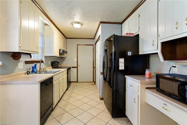 kitchen with black appliances, ornamental molding, white cabinetry, a textured ceiling, and sink