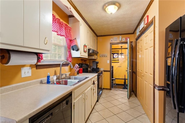 kitchen featuring sink, black appliances, a textured ceiling, crown molding, and white cabinets