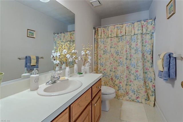 bathroom with vanity, tile patterned floors, toilet, and a shower with shower curtain