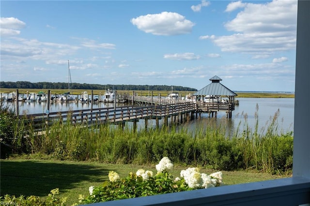 dock area featuring a water view