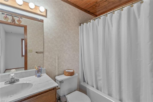 full bathroom with toilet, ornamental molding, vanity, wood ceiling, and shower / bath combination with curtain