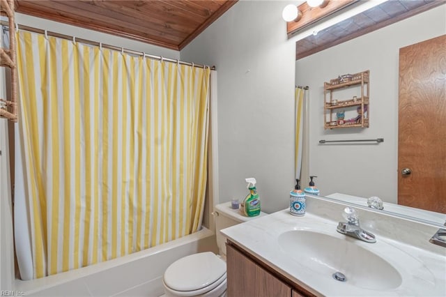 full bathroom with wood ceiling, toilet, shower / tub combo with curtain, vanity, and ornamental molding