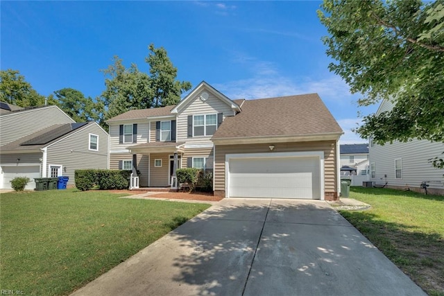 view of front facade with a front yard, an attached garage, concrete driveway, and a shingled roof