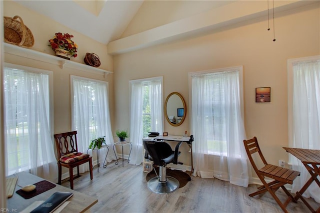 sitting room featuring light wood-type flooring and high vaulted ceiling