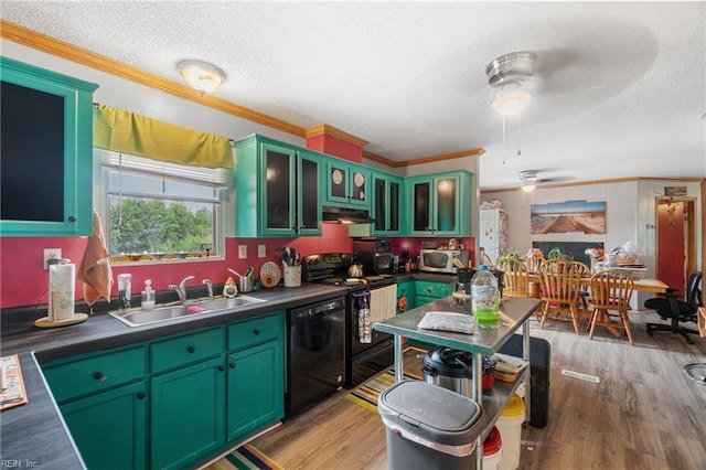 kitchen featuring under cabinet range hood, stainless steel microwave, electric range oven, light wood finished floors, and dishwasher