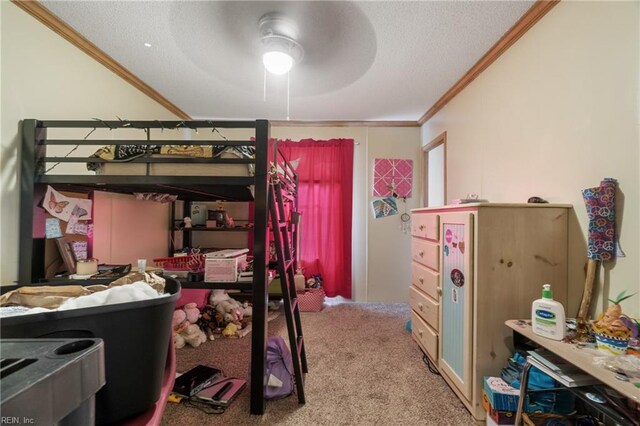 bedroom featuring a ceiling fan, crown molding, carpet, and a textured ceiling