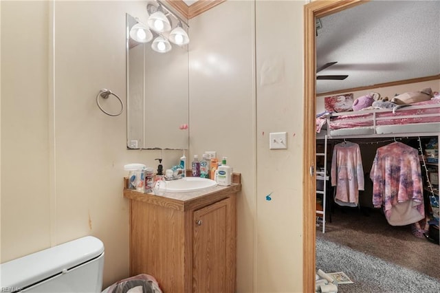 bathroom featuring toilet, a textured ceiling, and vanity