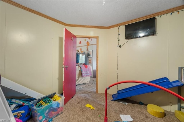 rec room with crown molding, carpet, and a textured ceiling