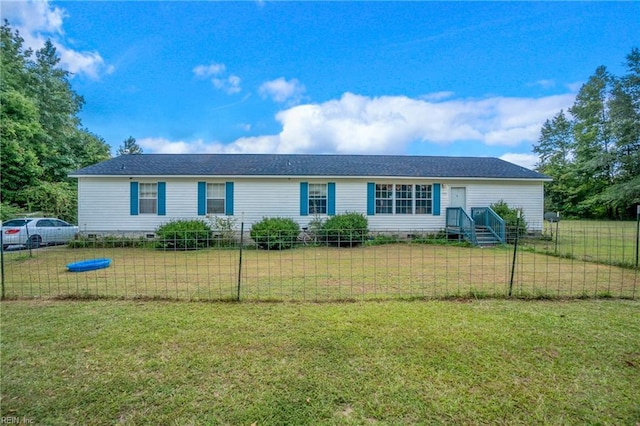 single story home featuring crawl space, a fenced front yard, and a front lawn