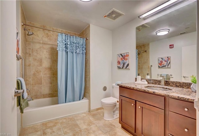 full bathroom featuring tile patterned flooring, vanity, toilet, and shower / bathtub combination with curtain