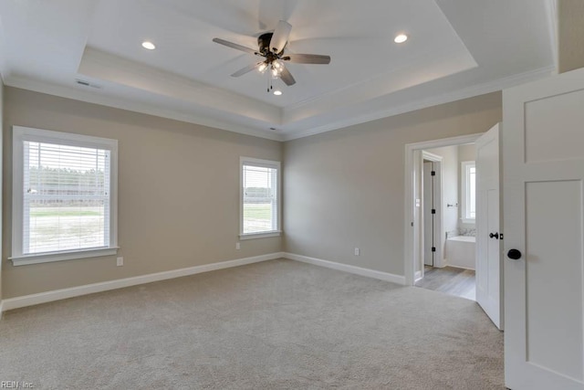 carpeted spare room featuring a tray ceiling, a wealth of natural light, and ceiling fan